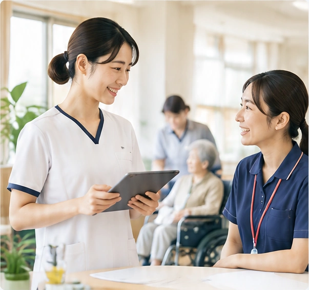 タブレットを手に笑顔で情報共有する介護職員